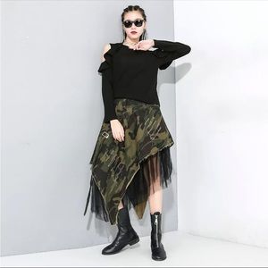 Denim Midi Elastic Waist Camouflage Camo Jean Skirt Patchwork Irregular Mesh
